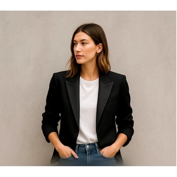 Smythe 4 Classic Wool One Button Blazer Textured Wide Lapel Tuxedo Jacket Black - Picture 12 of 13